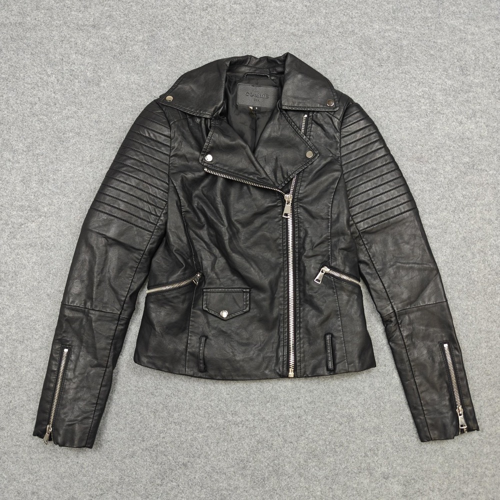 Comme USA Jacket Womens Small Black Faux Leather Moto Biker Quilted Zip Pockets